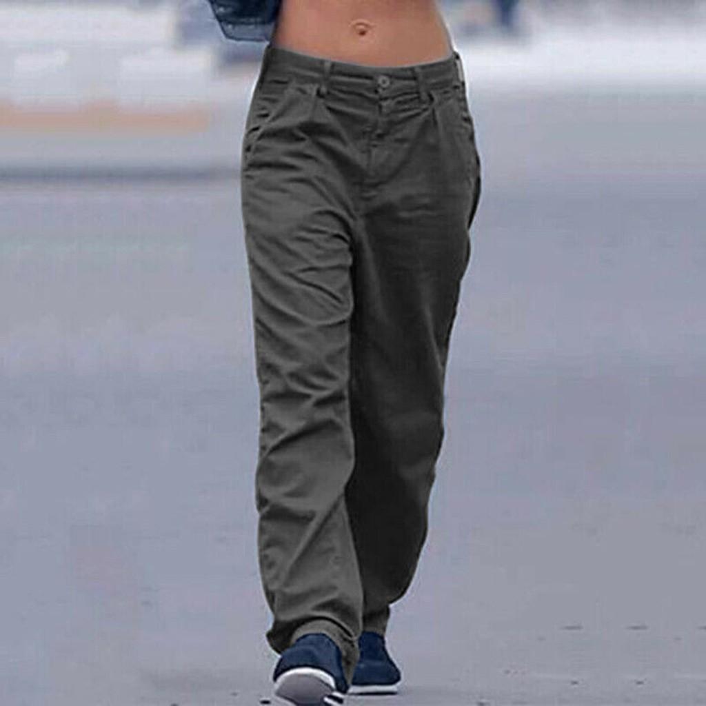 Women Casual Solid Cargo Pant Pocket Elastic Waist Loose Pant