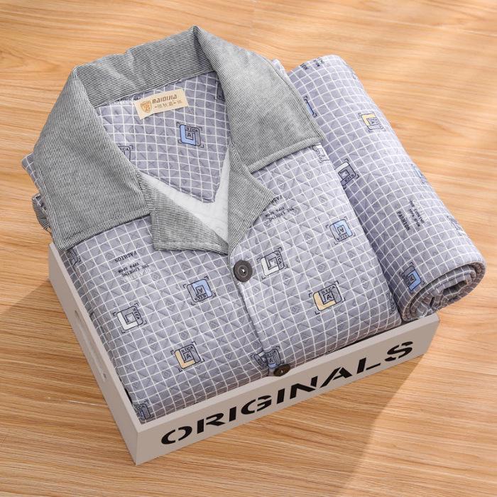 Men's Cotton Plaid Pajamas - Long-Sleeved Cardigan, Lapel, Plus Size, Perfect for Autumn and Winter.