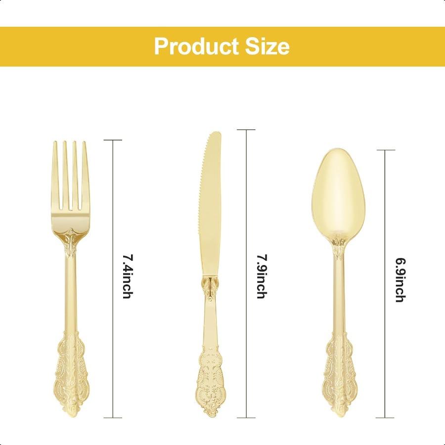 75PCS Gold Plastic Silverware for 25 Guests Heavy Duty Gold Disposable Utensils Sets Includes 25 Forks 25 Spoons 25 Knives Eleg