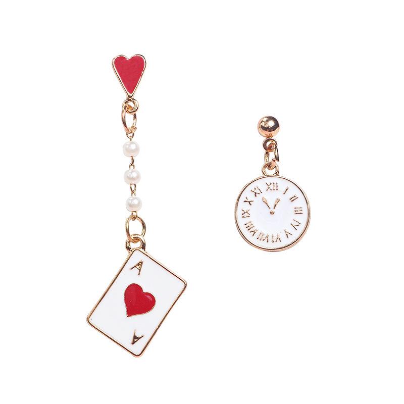 Korean Asymmetrical Playing Card Clock Earrings with Pearl Studs