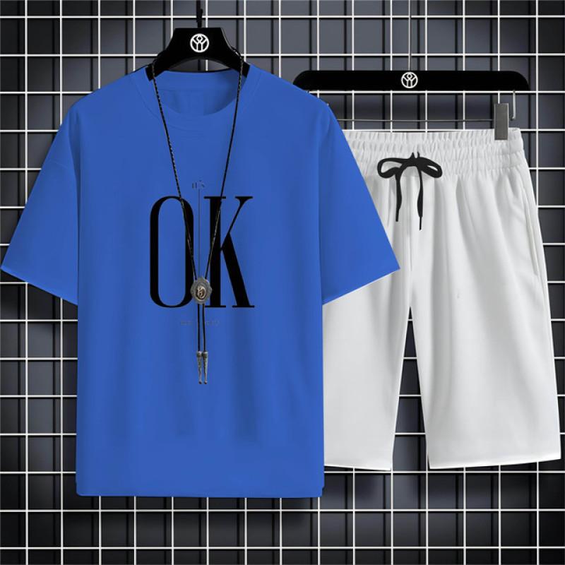Summer Fashion Casual Sports Style Alphabet Ok Printed Men'S Round Neck Short Sleeve T-Shirt Drawstring Shorts Beach Suit