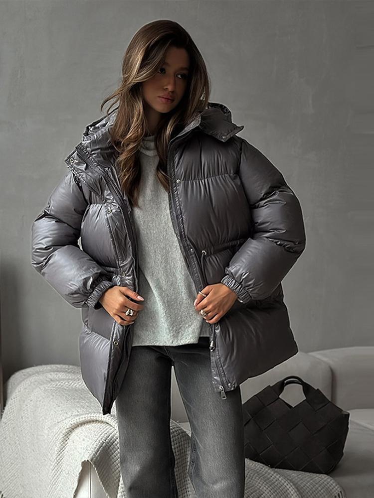 Damen Kapuzen-Baumwolljacke mit Reißverschluss Kordelzug Bindung Locker Warm Braun Baumwollkleidung Leichte Schlanke Jacke Täglicher Arbeitsweg Herbst und Winter