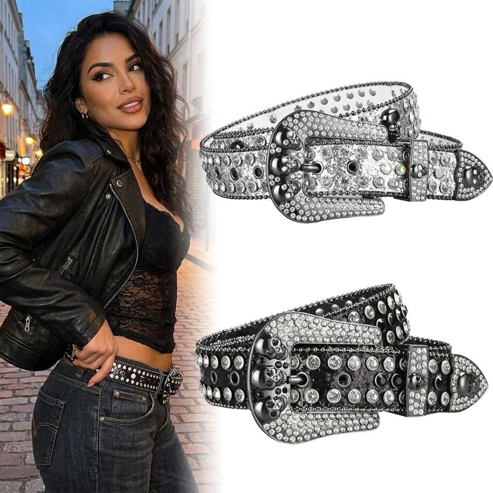 Skull Buckle Rhinestone Studded Belt Trendy Waistband  Jeans Short Skirt Women Men Accessories