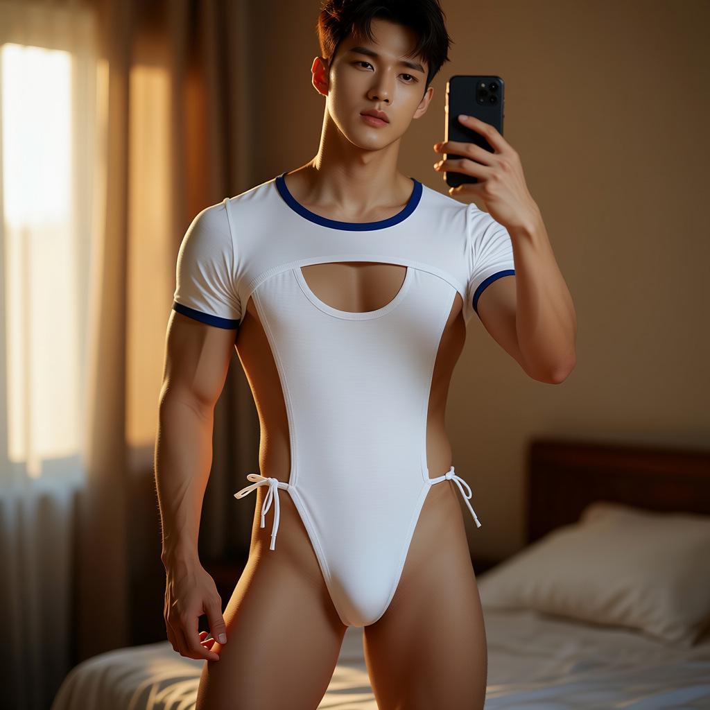 Plus Size Men's Cross-Dressing Erotic Lingerie: Open Crotch Student Outfit, Nipple-Revealing Bodysuit, Seductive Flirtation Uniform