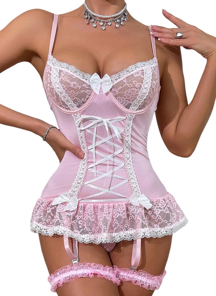 Sexy Cute Leg M [Maeau] Leotard, See-through, Lingerie, Lace, Babydoll, Women's, Bodysuit, See-through, Pajamas, Casual, Loungewear, Gift, Ring, Pink,