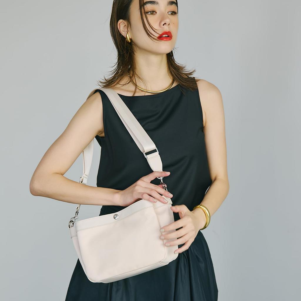 [Breath TOPKAPI] Waterproof Nylon and Leather Combination 3-Compartment Shoulder Bag (Pale Pink)