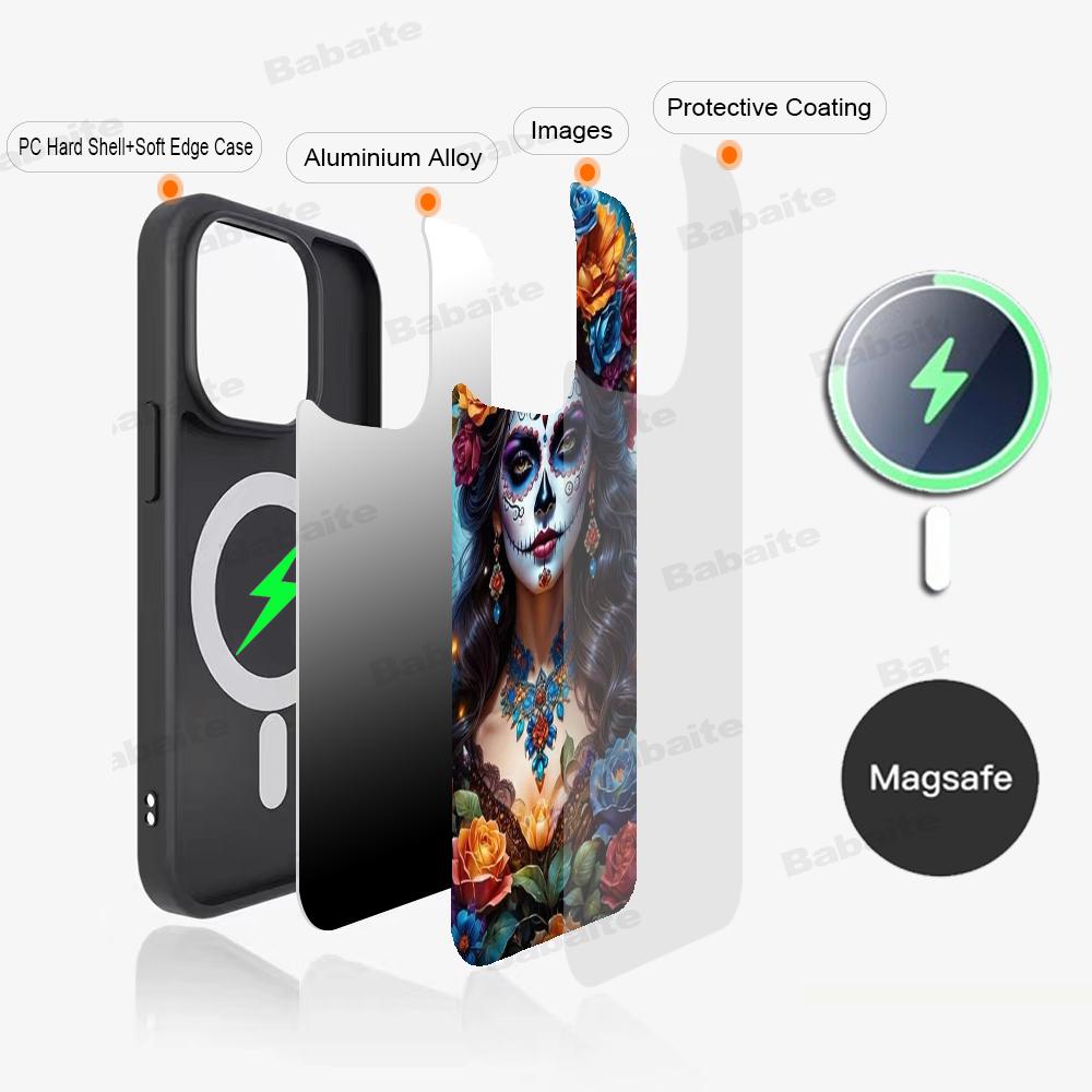 Catrina Beautiful Rose Girl Skull Phone Magnetic Case For IPhone 16 14 13 12 11 15 ProMax Plus For Magsafe Wireless Charge Cover