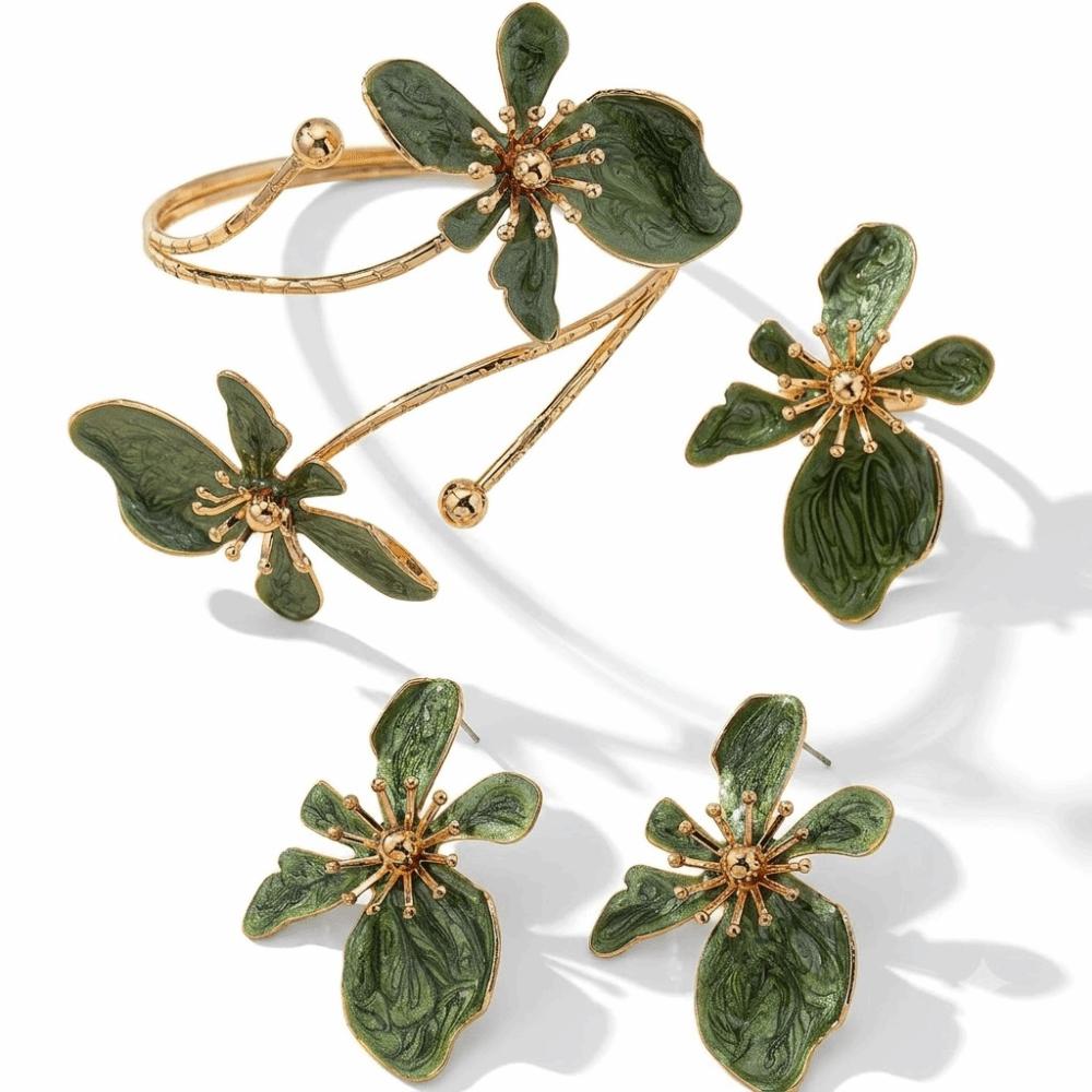 Elegant Armmanschett Örhänge Ring Vintage Blommig Armband Armband Hand Smycken Blommig Öppen Manschett Gåva