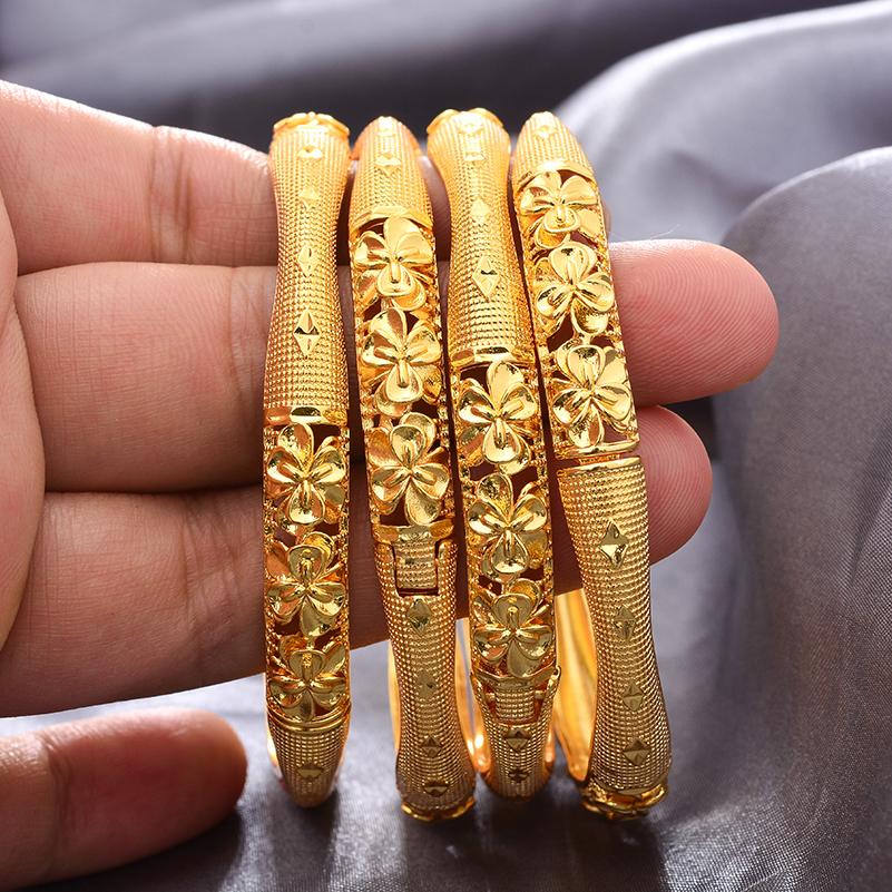 Dubai Gold Color Bangles for Women Men Fashion Flower Jewelry Wedding Party Luxury Quality Bridal Bracelets Gift