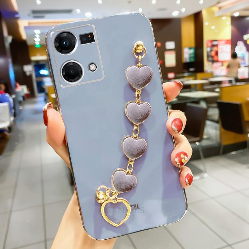 Reno7 4g Love Heart Bracelet Case For Oppo Reno 7 5 6 8 Lite 7lite 8t Reno6 Reno5 Chain Plating Silicone Cover Realme 10 9 Pro