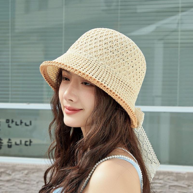 Summer Hollow Sun Hat Korean Version Fashion Bow Lace Bucket Hat New Fisherman Sunscreen Outdoor Beach Sun Hat Travel Panama Cap