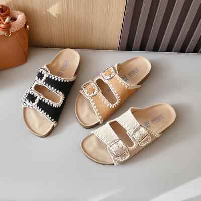 French Thick-soled Retro One-word Slippers Women's 2025 Summer New Double-buckle Sandals Outer Wear Breathable One-word Slippers