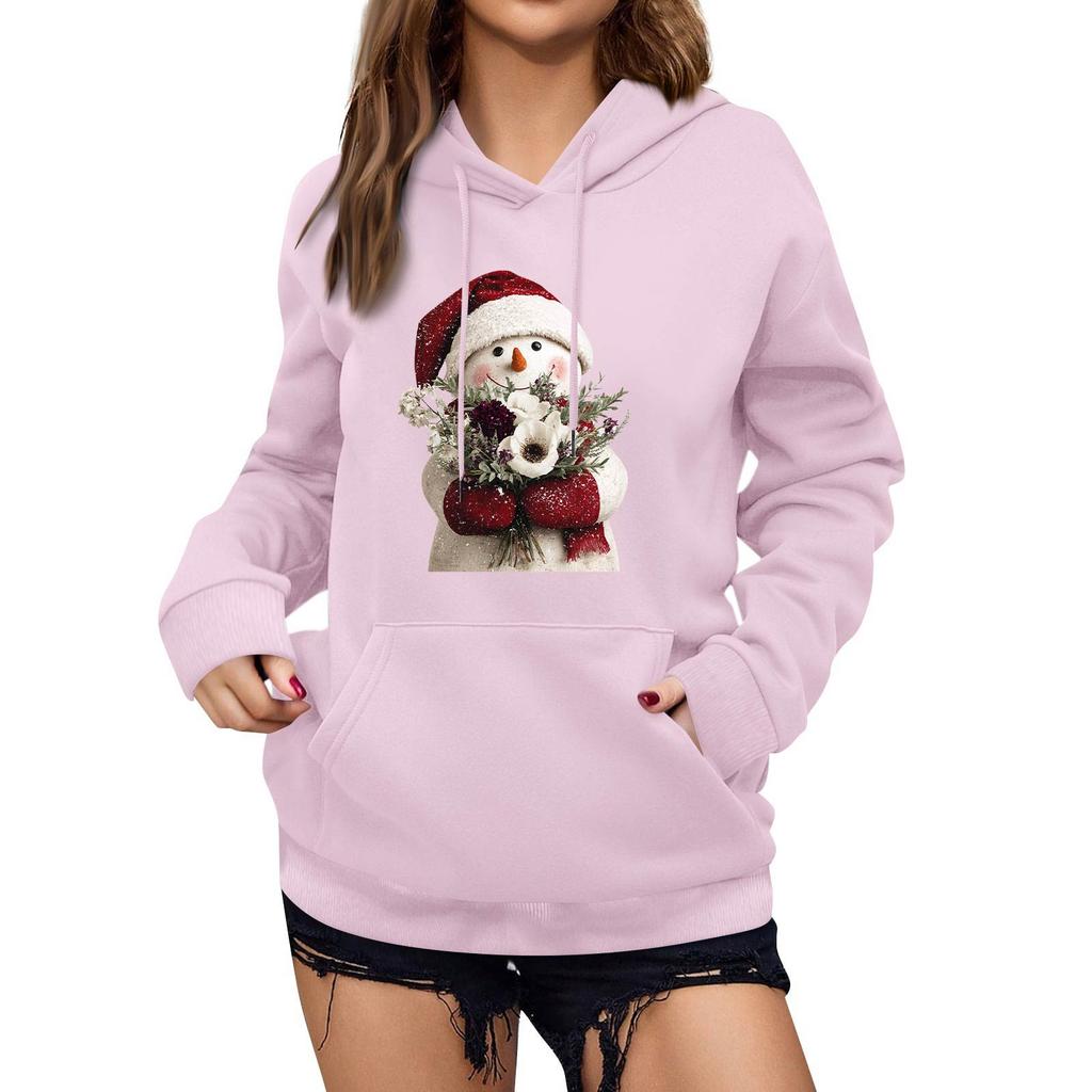 Women's Winter Christmas Printed Pullover Hooded Sweatshirt Fleece Long Sleeve Sweatshirt