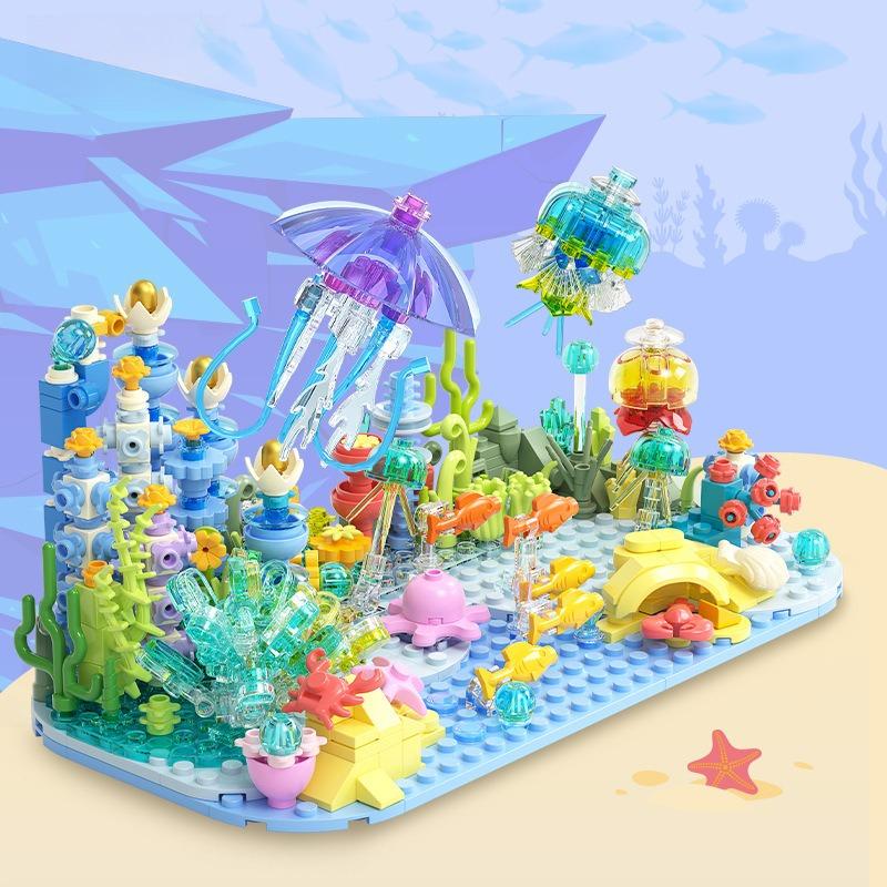 MOC Unterwasserwelt Vergnügungspark Bausteine Set Achterbahn Wasserbahn Meereshaie Fisch Spielzeug Kinder Geburtstagsgeschenk Paper Instruction blue
