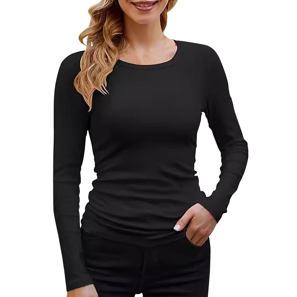 Camiseta Básica de Manga Larga para Mujer, Cuello Redondo, Canalé, Color Liso