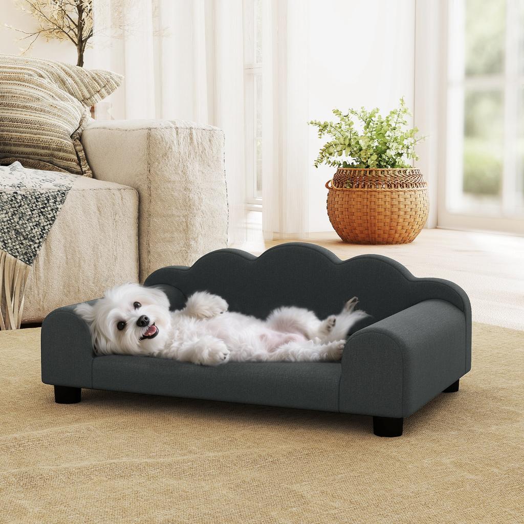 Dog Sofa with Support Armrests, Wooden Frame & French Terry Fabric, 66x42x28.5 cm, Dark Grey