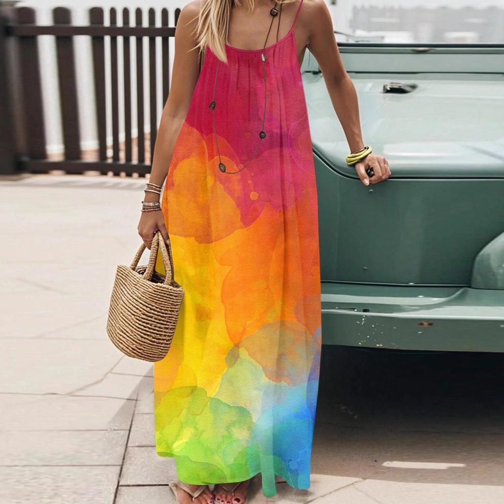 Dámské Módní Ležérní Volné Šaty s Květinovým Potiskem a Úzkými Ramínky Bez Zad