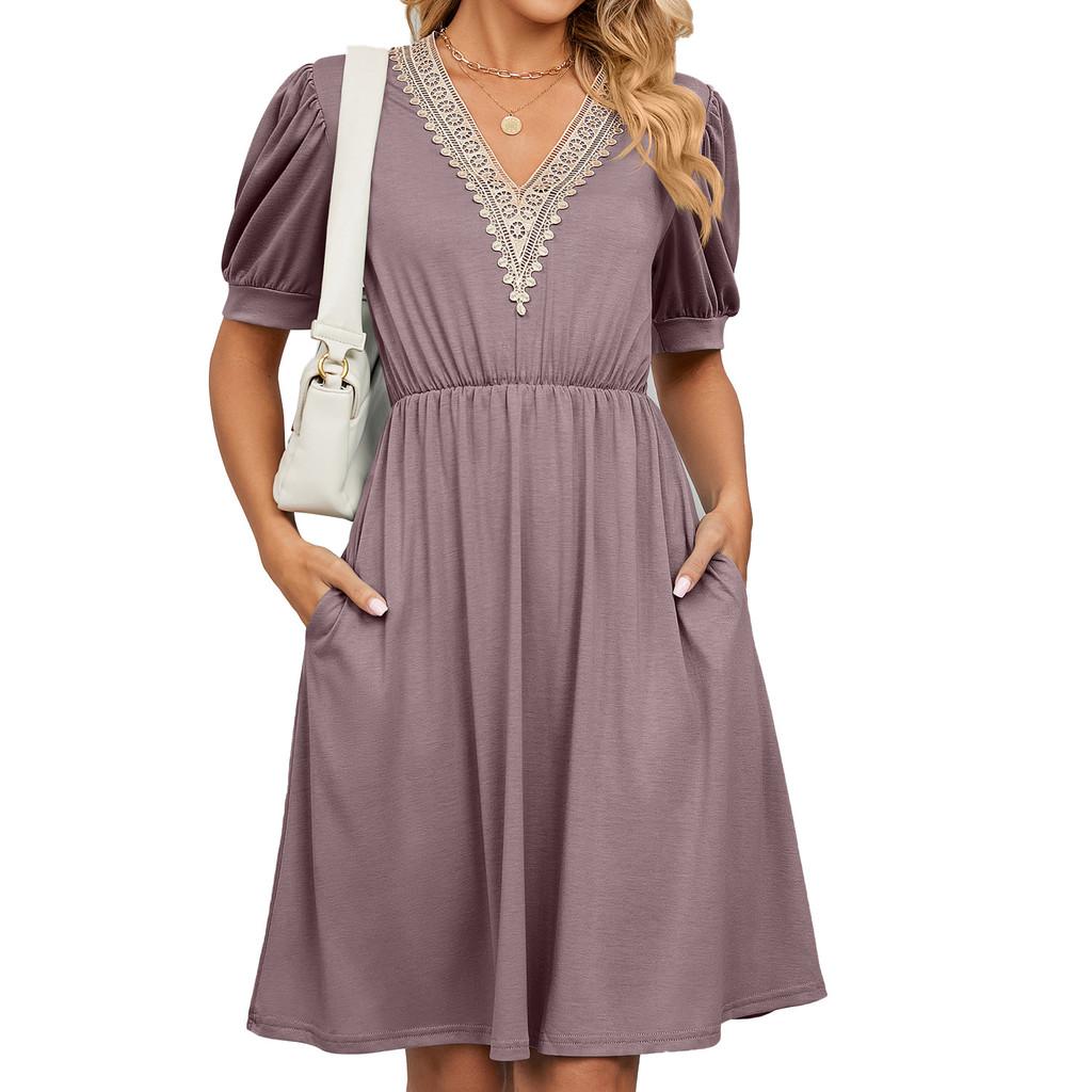 Städtisches Stilkleid mit Taschen und V-Ausschnitt für den Frühling, Freizeitkleidung