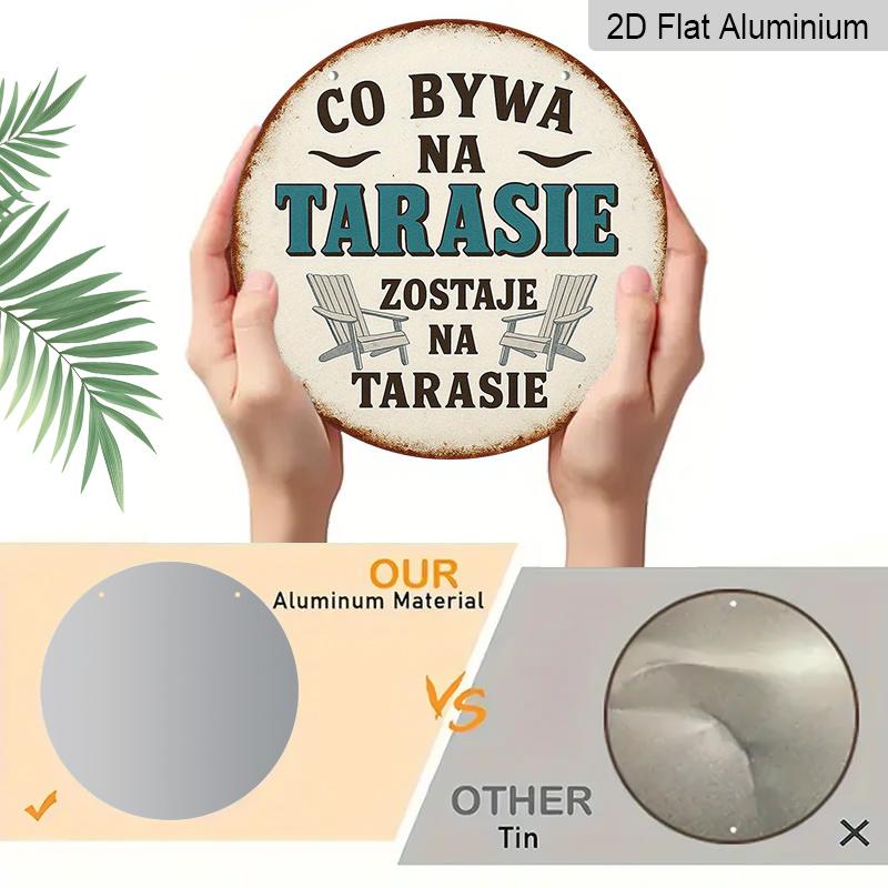 2D Flat - 1pc 7.87x7.87 Inch Round Polish Aluminum Sign | "Co Bywa Na Tarasie" Vintage Bohemian Garden Decor Plaque with Rustic Chairs & Sunset