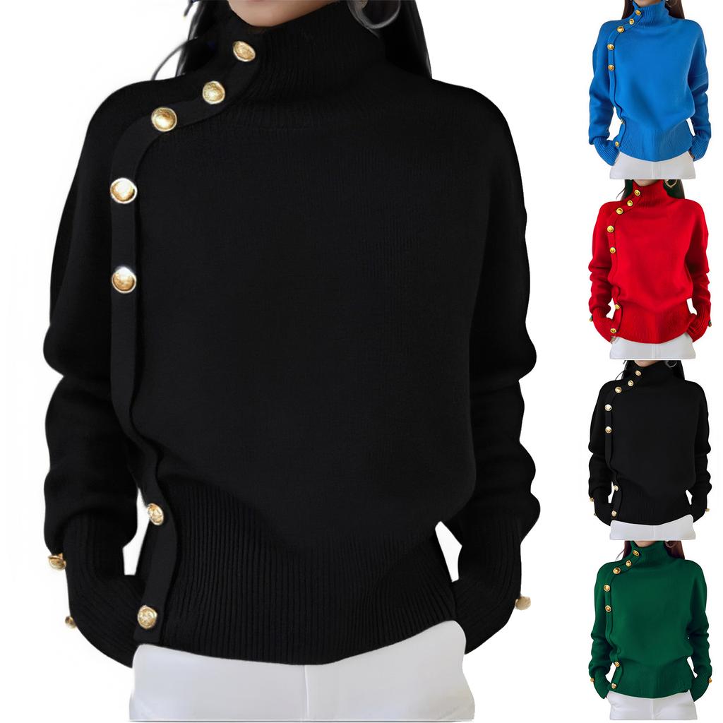 Women's Loose Comfortable Casual Fashion Knit Sweater With Buttons And High Neck