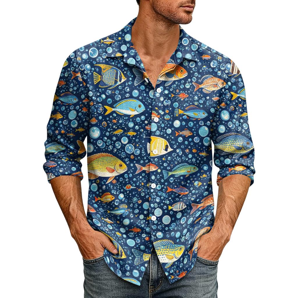 Men's Loose Fit Long Sleeve Shirt Hawaiian Style Retro Casual Button Down Shirt with Spread Collar Suitable for Spring and Autumn Wear