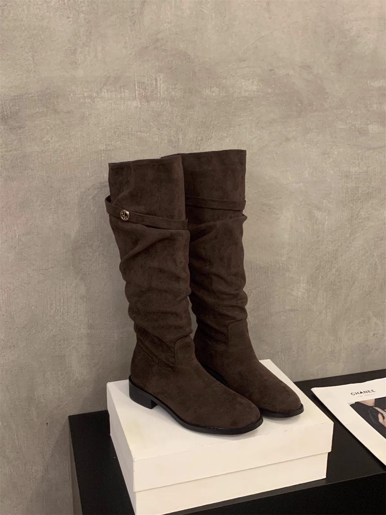 Französische Stiefel mit dickem Absatz aus aprikosenfarbenem Wildleder für Damen, 2025 neu, vielseitige dünne lange Stiefel für Frühling, Herbst und Winter