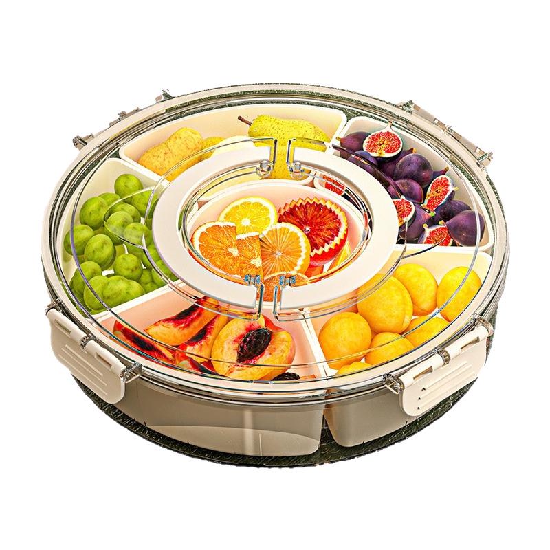 Round Rotating Snack Tray with Handle and Lid – Six Compartments, Moisture-Proof, Portable and Sealed for Household Use