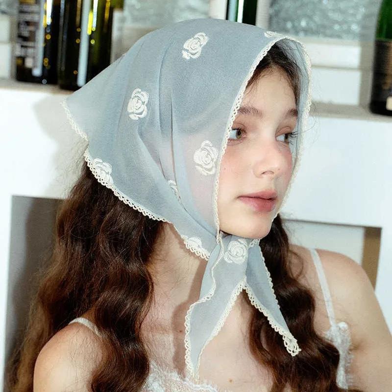 

Новый модный и универсальный корейский выпуск Свежие розовые бутоны Треугольный шарф Летний шелковый шарф Женская солнцезащитная головная повязка One Size синий