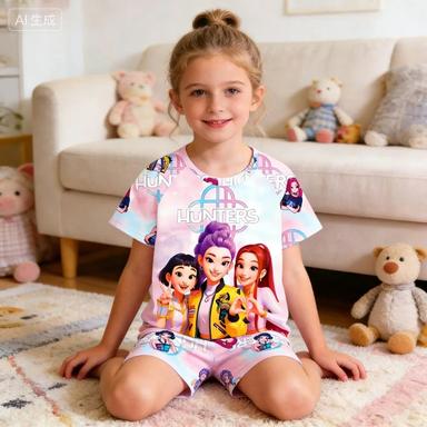 New T-shirt Set for Girls' Summer Clothing with Printed Design, Cartoon Fashion, Comfortable Children's Set