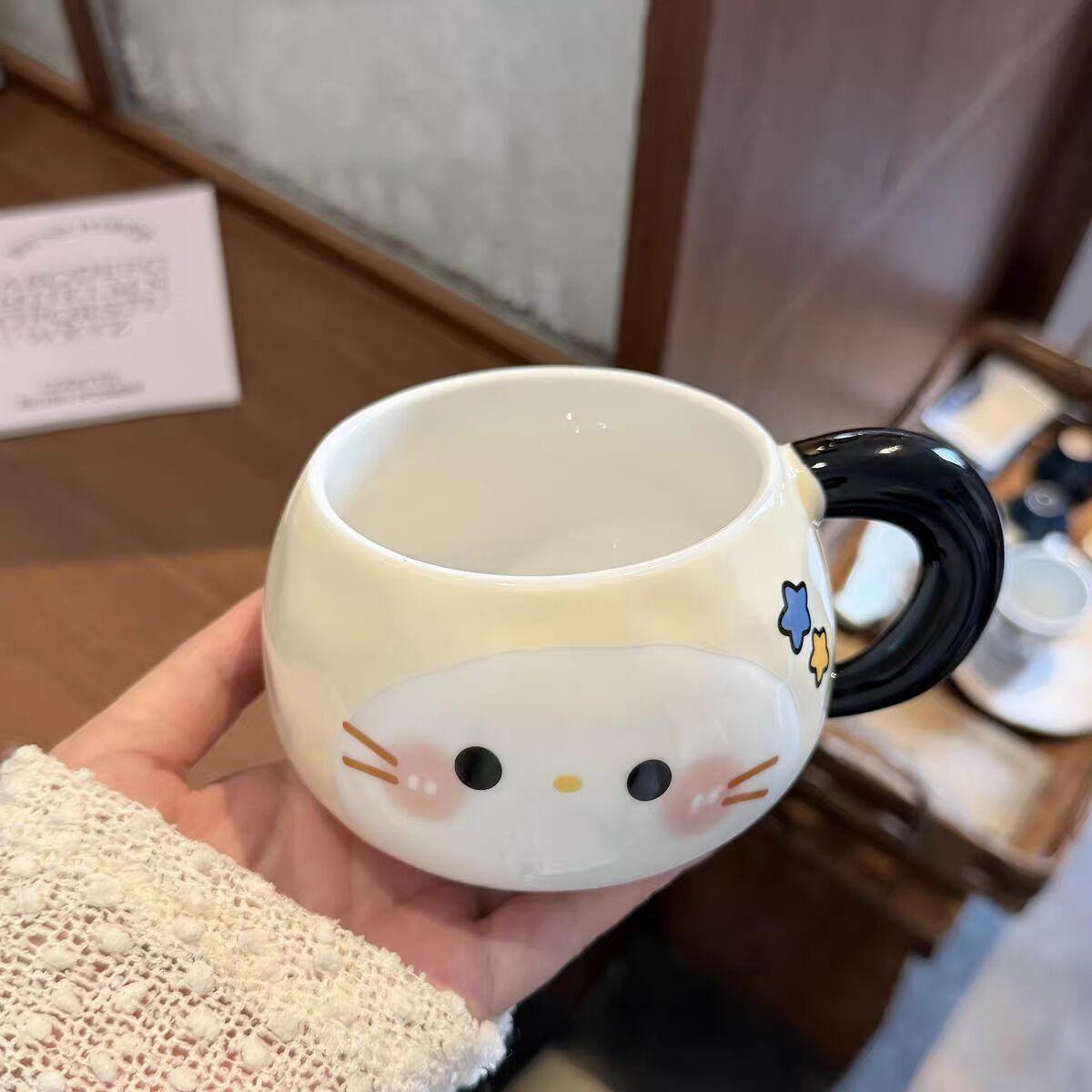 

High-value cup with lid and spoon, cute mug, couple ceramic water cup, women s large-capacity breakfast coffee cup 301-400ml