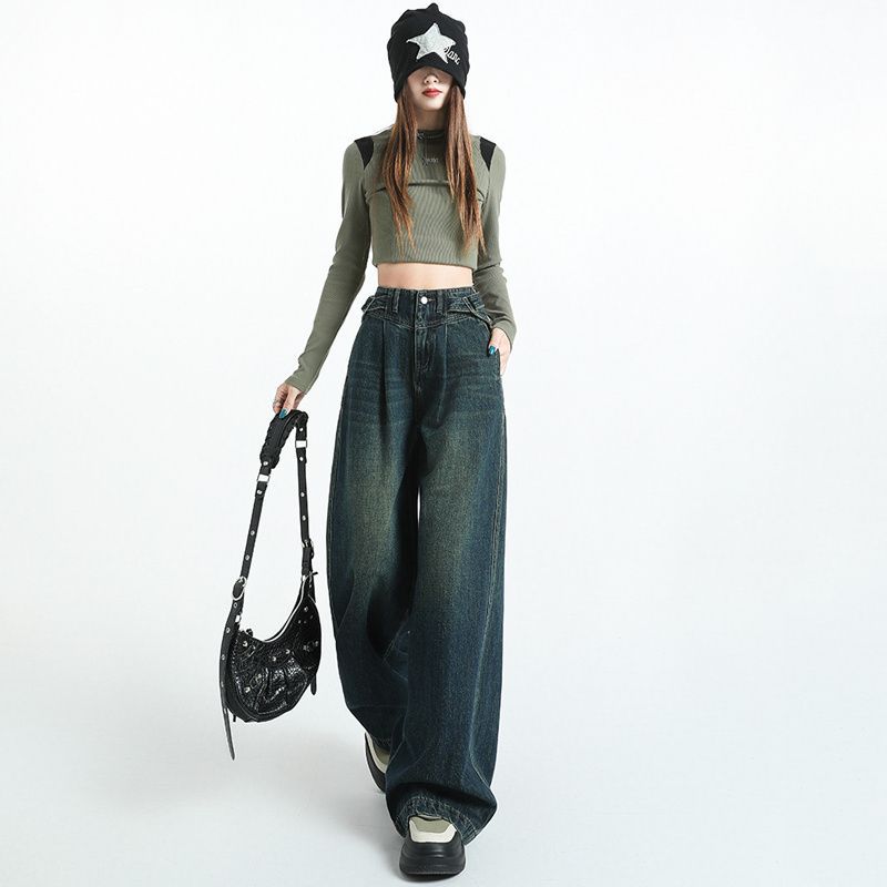 Waist Buckle Design Wide-leg Jeans for Women In Spring and Autumn Straight New Style Loose Slim Retro High-waist Floor Trousers