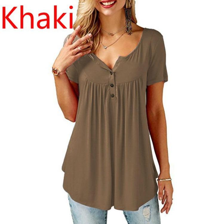 Ladies Casual Women Blouse O Neck Shirts Loose Elastic Short Sleeve Tunic Button Top