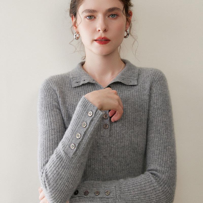Women's 100% Cashmere High Neck Sweater, Slim Fit, Base Layer, Gold Button Detail, Knit