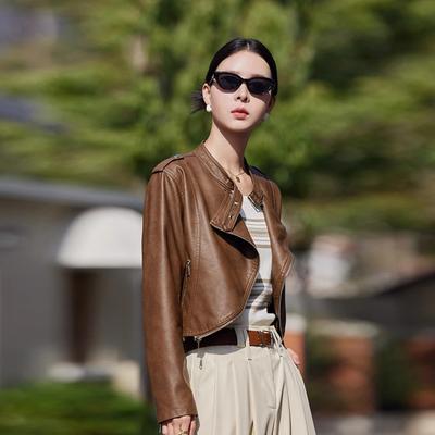 Spring and Autumn New Leather Jacket Jacket Women's Fashion Handsome Versatile Skinny Soft Leather Short Cardigan Top