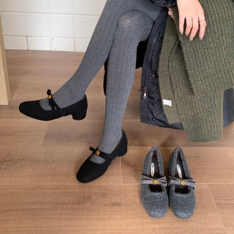 Gentle and small fragrant wind inner height increase velvet single shoes cotton shoes women's autumn and winter bow gray Mary Jane fluffy shoes sof