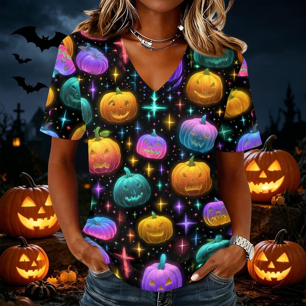 Women's Casual Short Sleeve V Neck Pullover Top Halloween Pumpkin Print Lightweight Comfortable Fit