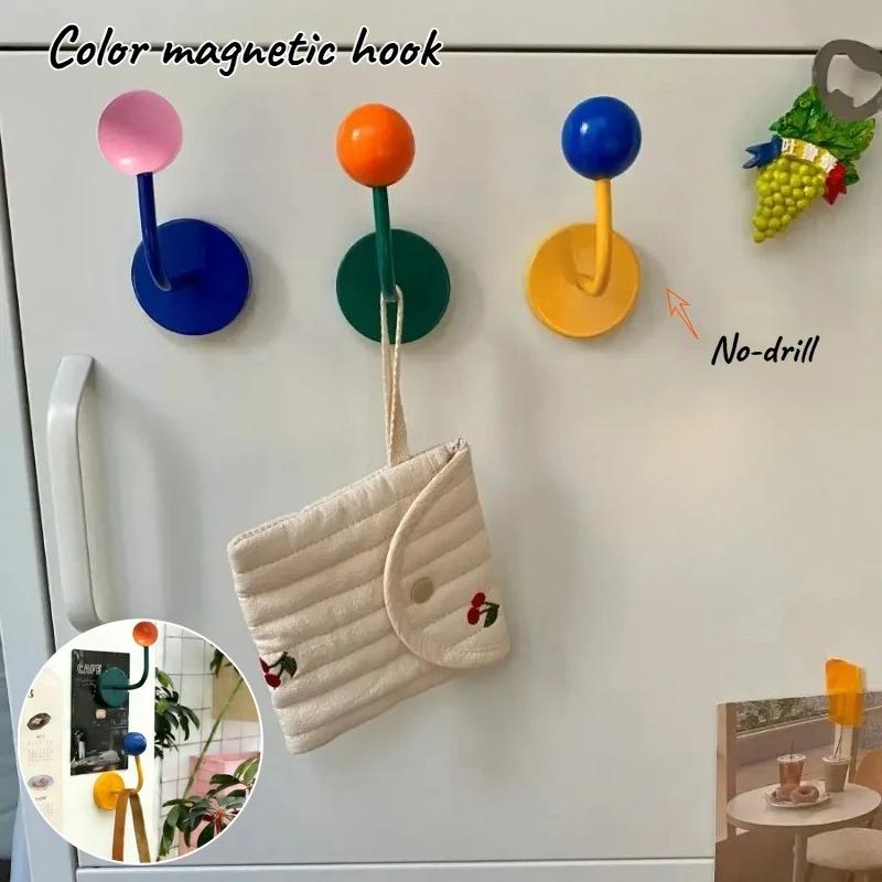 1PC Magnetic Hook Colored Wooden Ball Contrast Metal Punch Free No Trace Refrigerator Decorative Storage Hook
