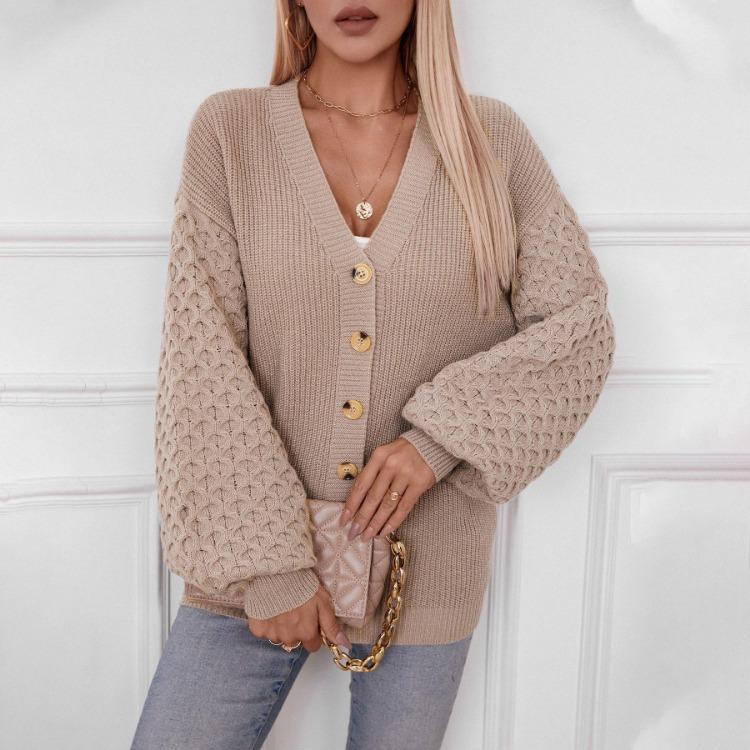 Vintage Solid Color V Neck Knitwear Cardigan Loose Long Sleeve Sweater Top for Autumn Winter