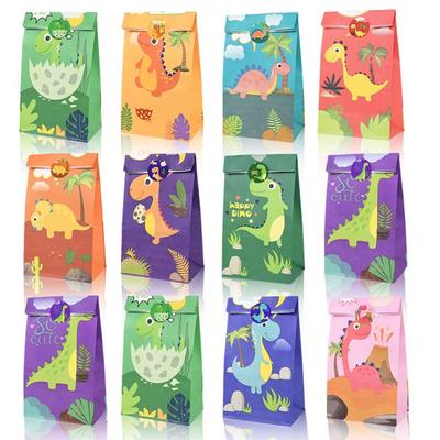 Sacs en papier cadeaux avec autocollants, 12 pièces, Dino Roar, sac d'emballage de bonbons et biscuits, décoration de cadeaux de fête
