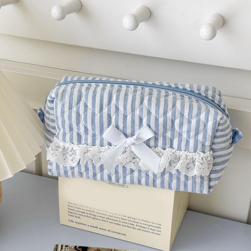 

Милый розовый полосатый кружевной косметический чехол Эстетичная косметичка в стиле инс для девочек-подростков Органайзер для косметики Кавайный пенал