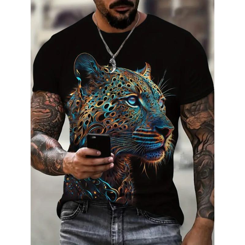 

Men s Leopard Print T-shirt Sports Short Sleeved Crew Neck T-shirt for Summer Outdoor Fitness Workout Men s Clothing XS