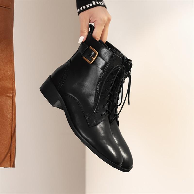 Fashion Women Winter Genuine Leather Ankle Boots Round Toe Women Boots with Zipper Lace Up Chunky Heel Wear-resistant Beef Tendon Bottom