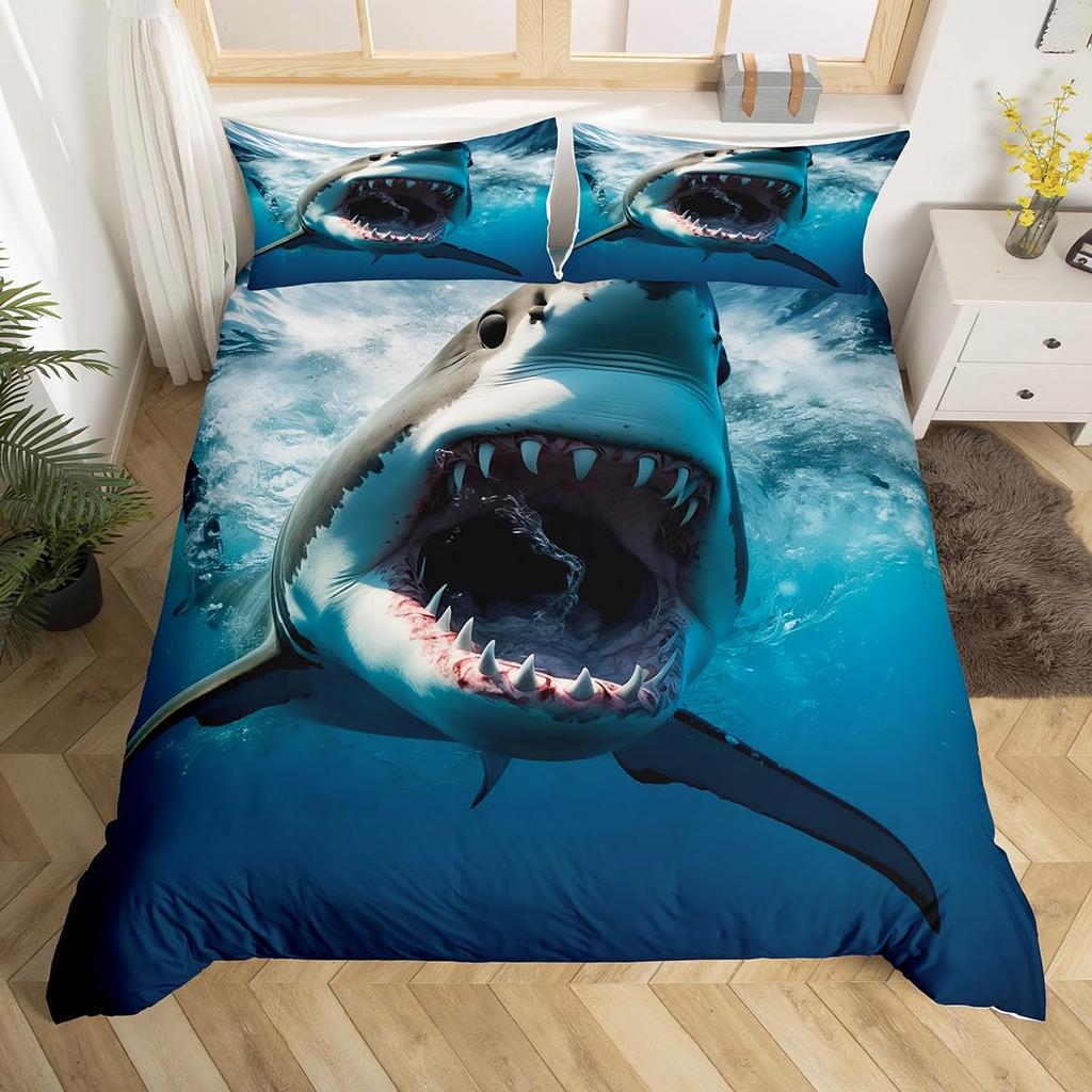 Shark Duvet Cover Queen Marine Life Comforter Cover Blue And White Cartoon Shark Bedding Set Nautical Ocean Theme Quilt Cover