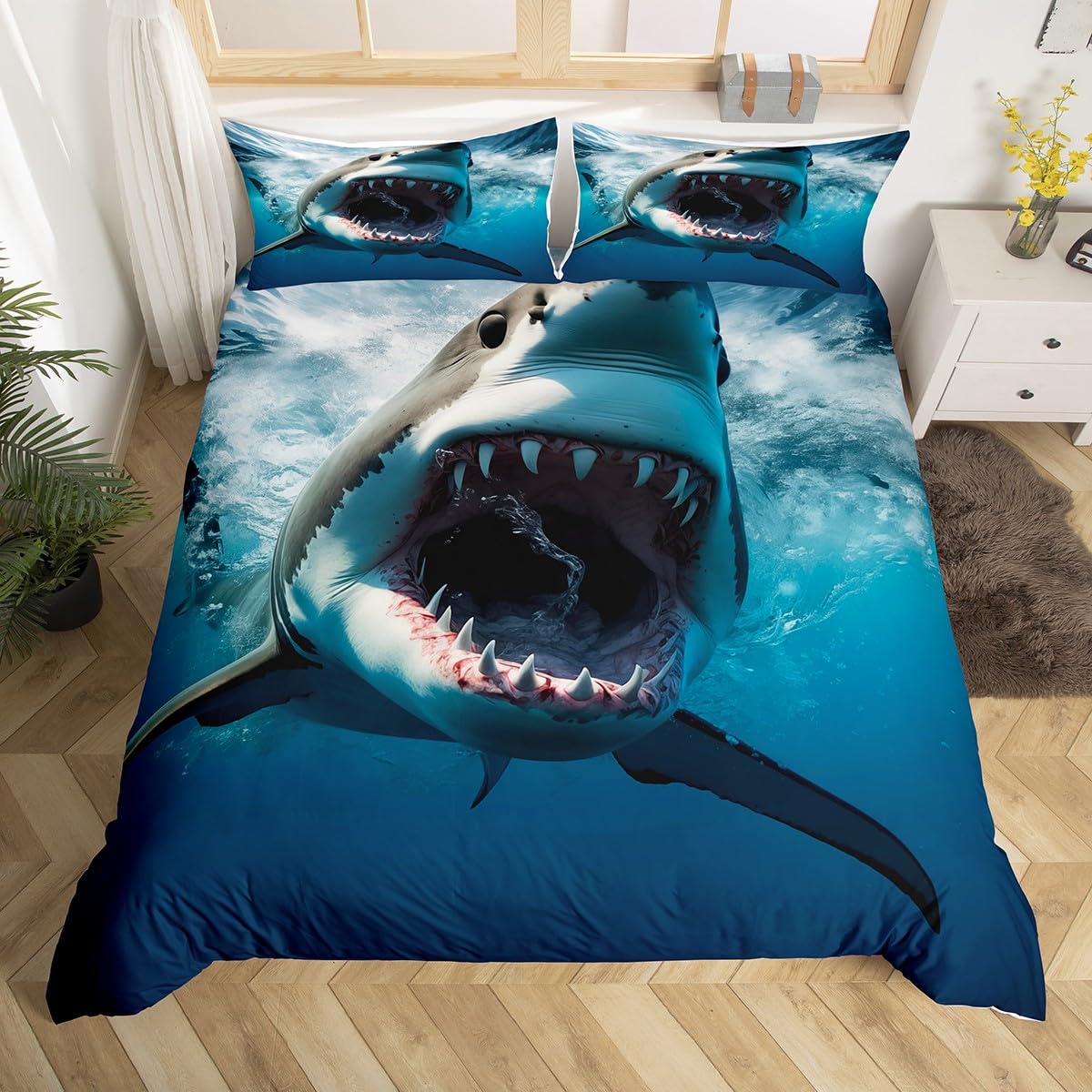

Пододеяльник с изображением акулы, королевский комплект постельного белья с изображением морской жизни, сине-белый, с рисунком акулы, наволочка с изображением океана EU Single(135x200cm)