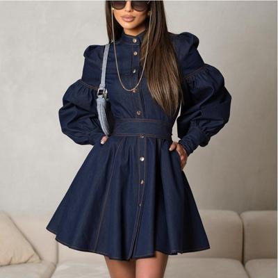 Autumn Pleated Denim Dress for Women Button Long Lantern Sleeve Mini Dress O-neck Lace Party Club A-line Dresses