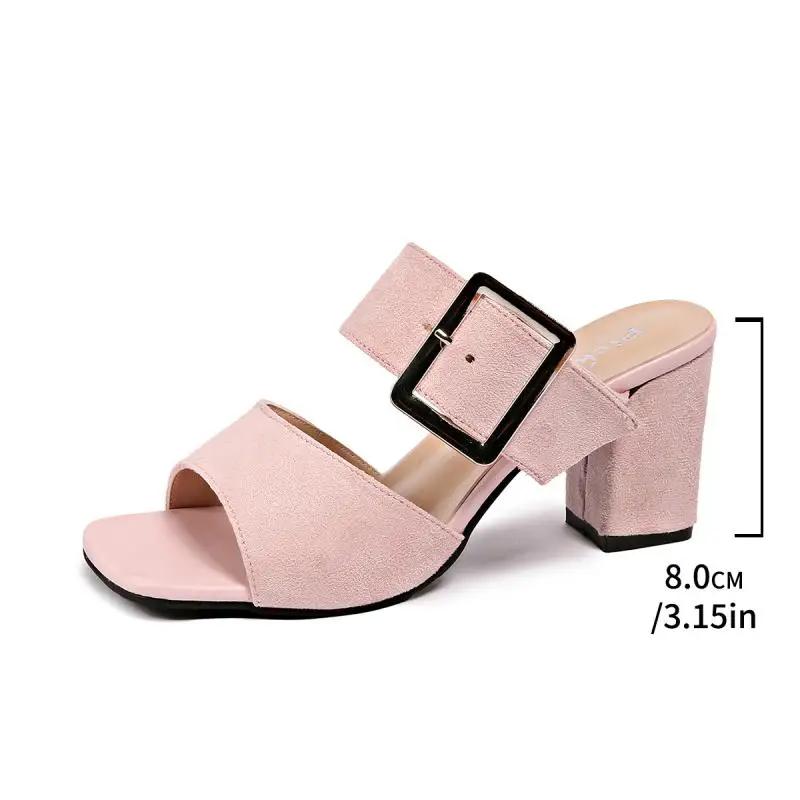 Retro Metal Buckle Decoration Suede Slip On Sandals Women 2025 Summer Square Toe High Heel Slippers Elegant Party Dress Shoes