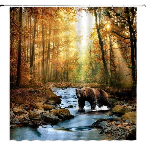 Rustic Bear Shower Curtain Farmhouse Lake Cabin Fall Autumn Forest Natural Scenery Outdoor Animals Hunting Wildlife Camping Vintage Country Lodge