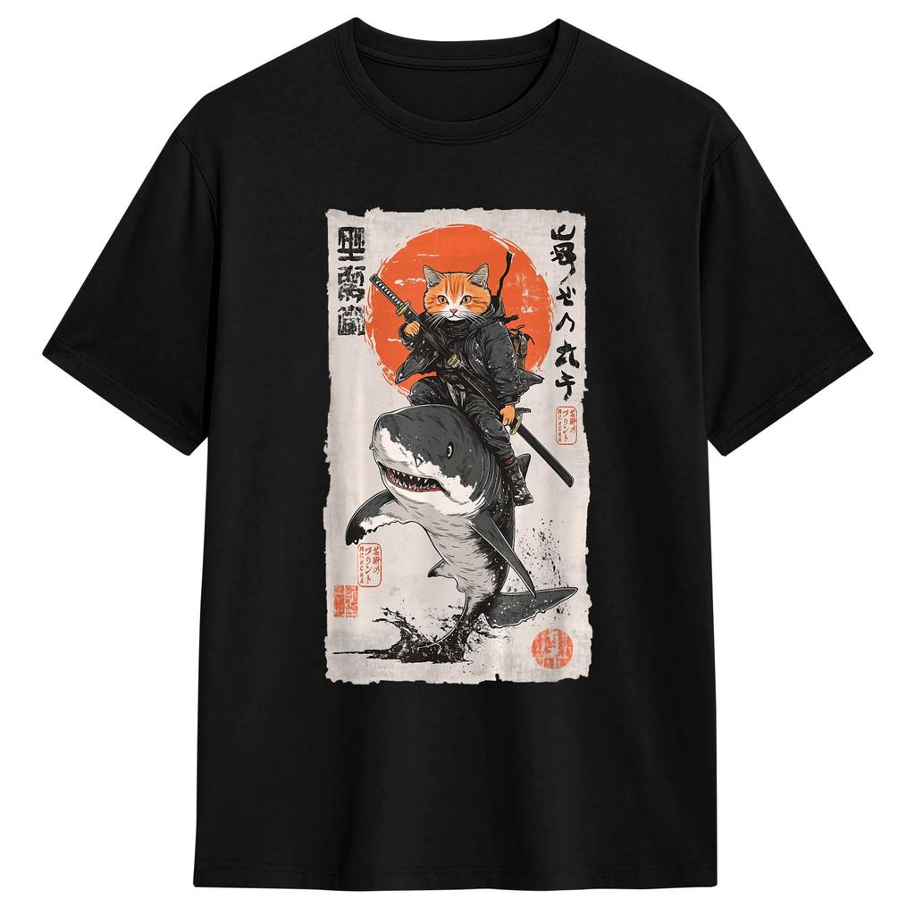 Ukiyo-e Art Japanese Cat Riding T Shirt Men Pure Fashion Male T-Shirts O Collar Tee Shirt Short Sleeve Clothing Present