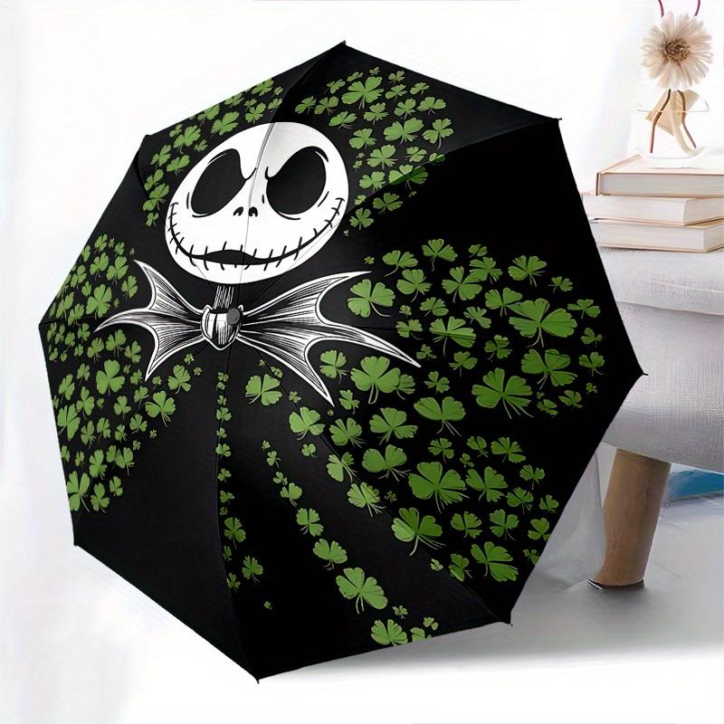 1 Automatischer Öffnungs-Schirm mit Jack Skellington und Kleeblatt-Motiv, Bunt, 8 Speichen, Tragbar, für Damen und Herren, Ein Kompakter Begleiter für den Weg zur Arbeit, Geeignet für D