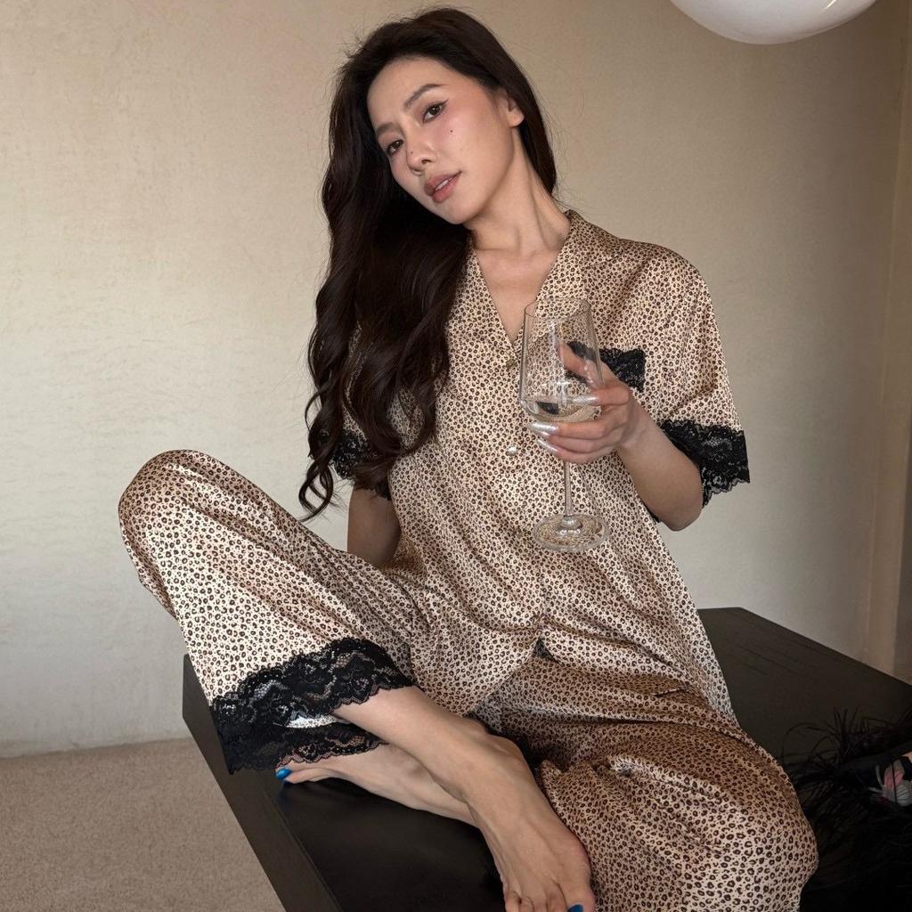 Summer Ice Silk Pajamas Women's Short-sleeved Trousers High-end French Lace Leopard Print Printing Internet Celebrity Loungewear Can Be Worn Outside